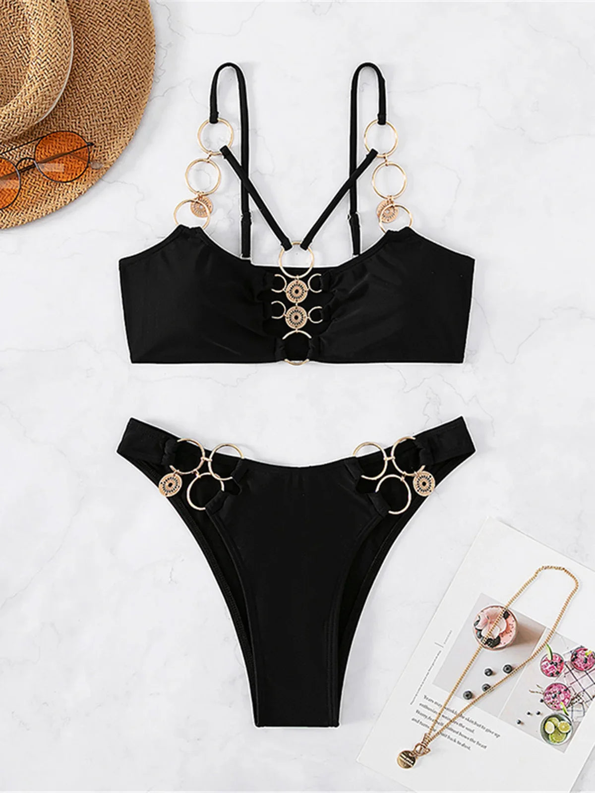 👙 Sexy Metal Ring Mid-Waist Bikini Set – Women's Two-Piece Padded Swimsuit | Trendy Bathing Suit for Beach &amp; Pool